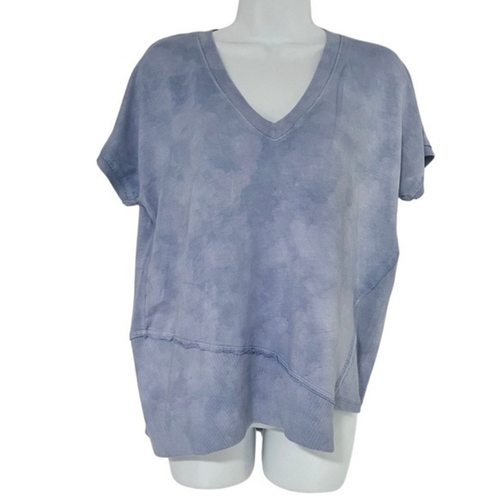 Red Haute Women’s Blue Tie-Dye Cloud Top – V-Neck, Asymmetrical Hem – Size M